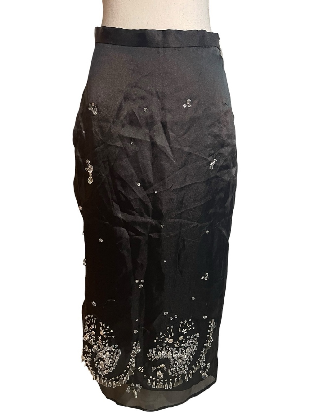 Zara Satin Jewel Trim Embellished Midi Skirt Black